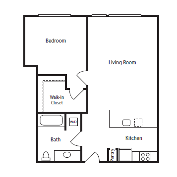 Floor plan for 1 bed, 1 bath, 771 sqft